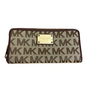 Michael Kors Jet Set Continental Logo Wallet Zip Around Beige Ebony Mocha